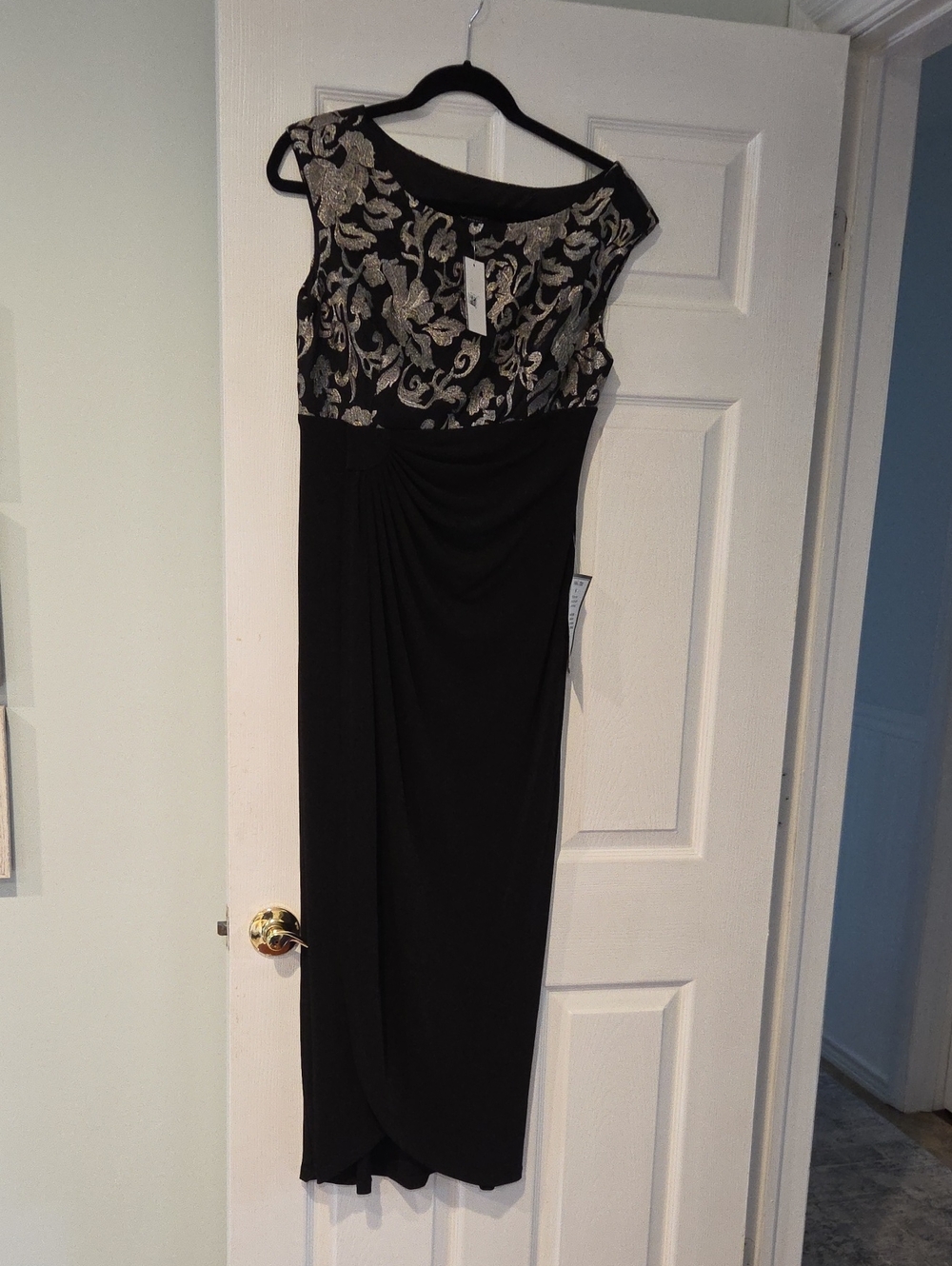 connected apparel Black and Gold Floral Bodice Evening Dress